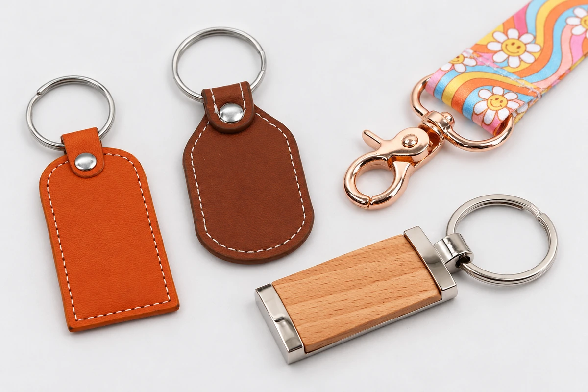 White stitching on leather key tags beside a wooden metal-edged fob and floral strap clasp.