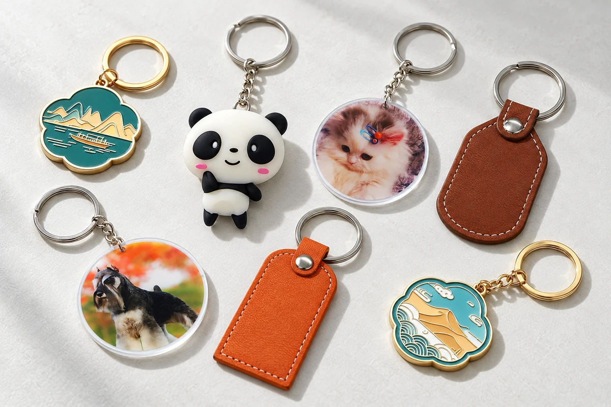 Gold-tone enamel, panda, pet-photo acrylic and stitched leather keychains arranged on a pale tabletop.
