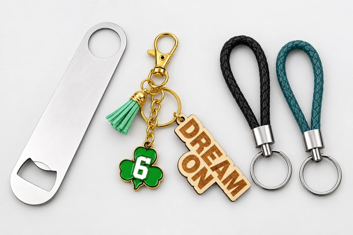 A silver bar bottle opener, DREAM ON wooden charm set and black and teal braided loop keychains.