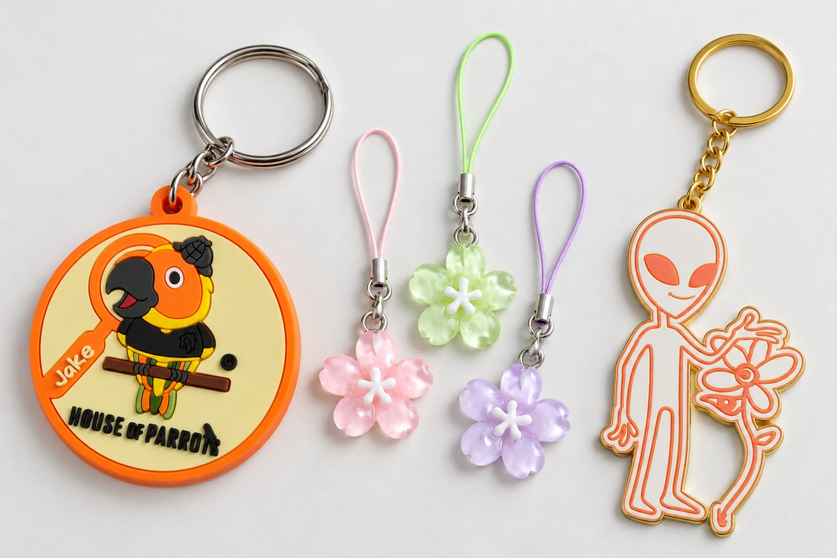 An orange parrot PVC keychain, three translucent pastel resin flower charms and an alien-shaped metal keychain.