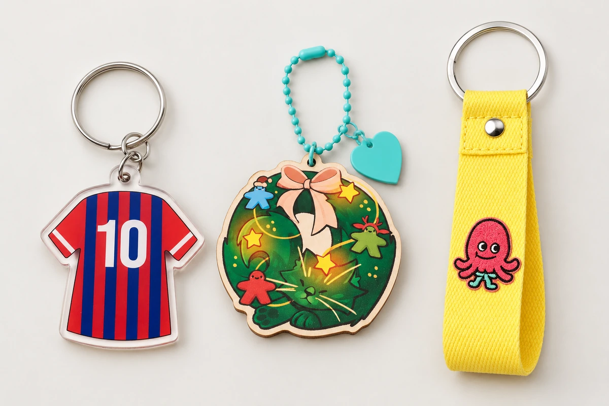 A striped number 10 acrylic jersey keychain, a printed wooden wreath charm and a yellow embroidered octopus fabric loop.
