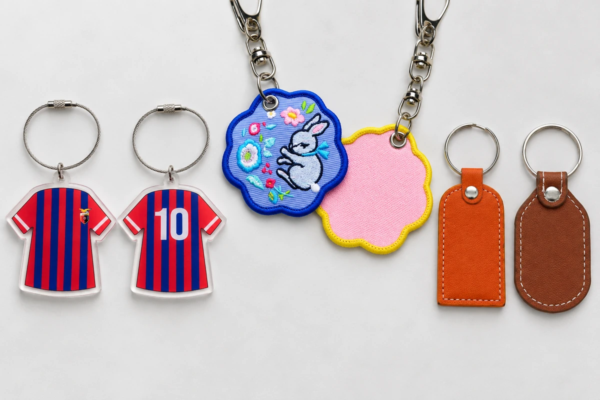 Printed jersey acrylic charms beside bunny embroidery, a plain fabric reverse and stitched leather key tags.