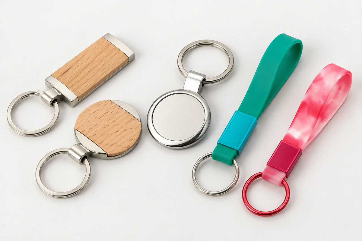 Two wood-and-metal key fobs, a round metal keychain and teal and pink silicone wristlet keychains.
