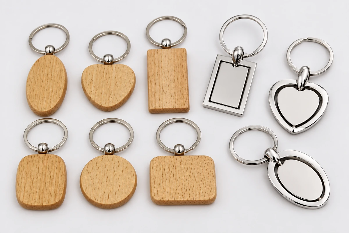 Six plain wooden keychains and three polished silver metal keychains in oval, heart and rectangular shapes.