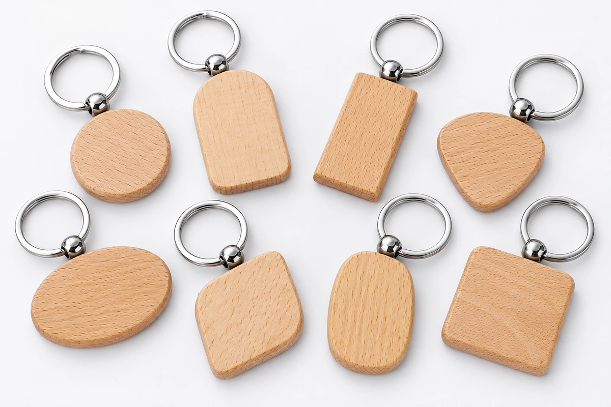 Eight blank wooden keychains in round, oval, rectangular, square, tapered and heart-like shapes with silver-tone rings.