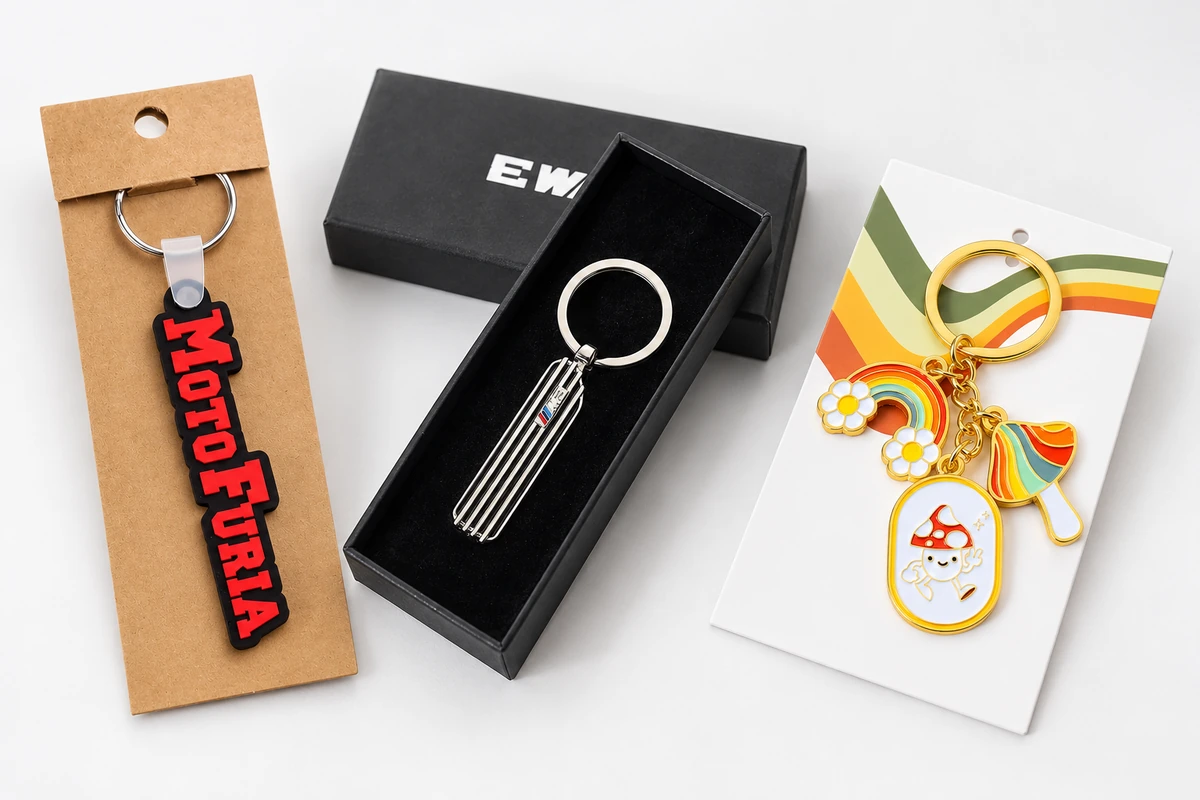 PVC and enamel keychains on backing cards beside a metal keychain in an open gift box.