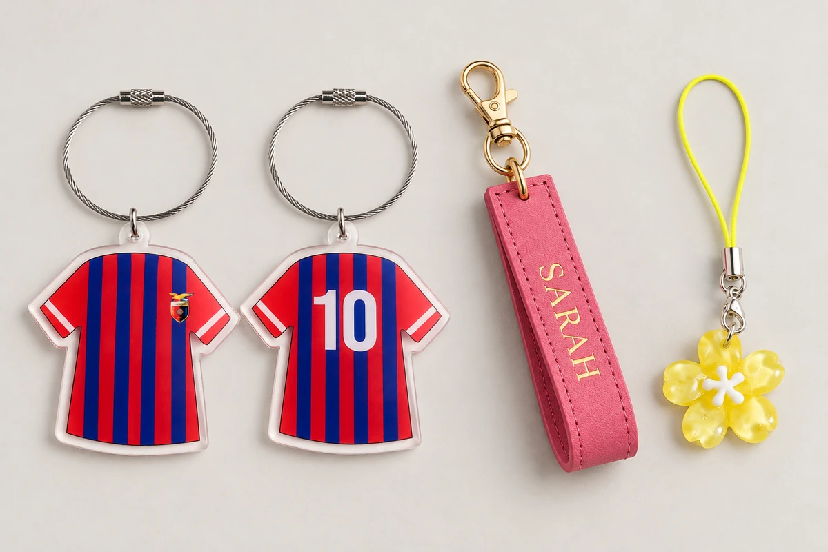 Acrylic jersey keychains on wire loops, a leather strap with a swivel clasp and a resin flower on a cord loop.
