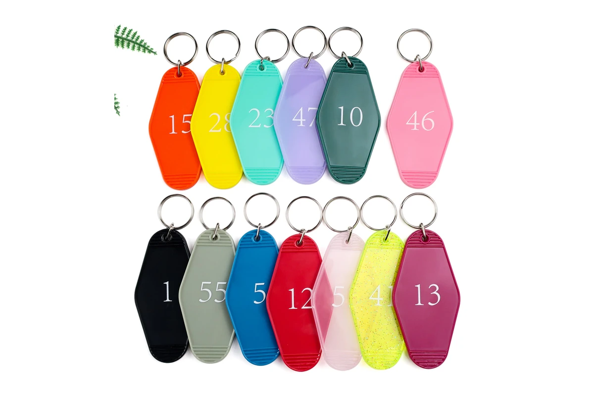 Numbered acrylic motel key tags in a range of colors.