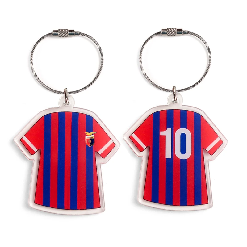 Front and back soccer jersey designs on clear acrylic keychains.