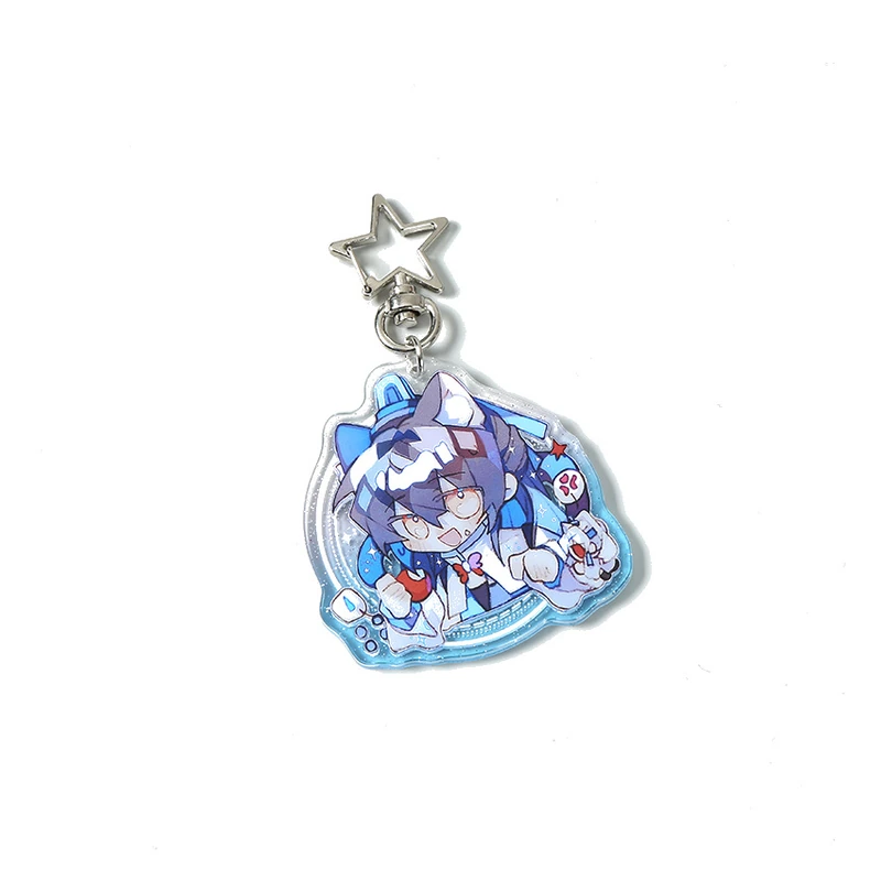Blue character acrylic charm with reflective details and a star-shaped clasp.