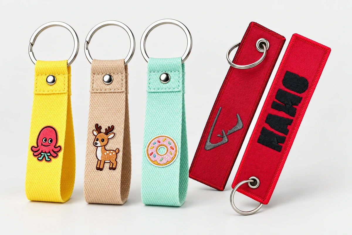 Yellow, beige and mint fabric loop keychains with embroidered motifs beside two red embroidered tags.