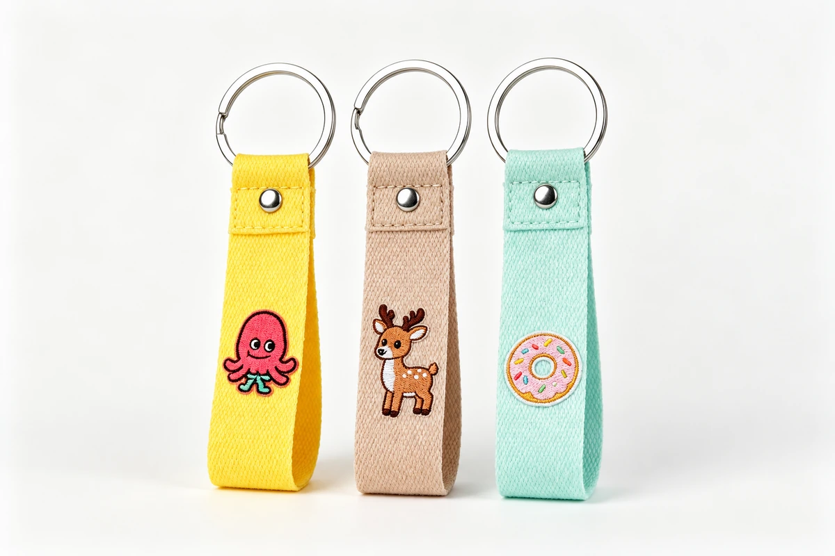 Yellow, beige and mint fabric loop keychains with embroidered octopus, deer and doughnut motifs.