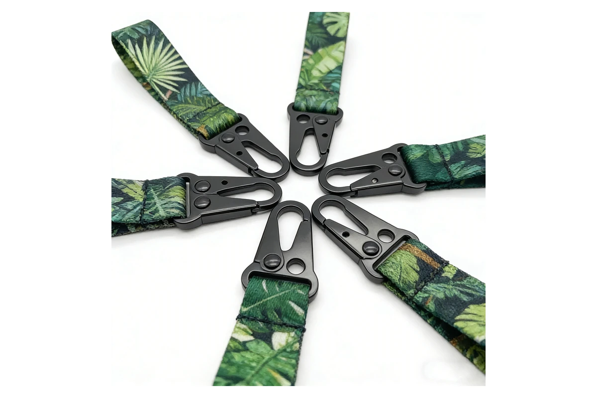 Printed green fabric straps with black metal snap hooks