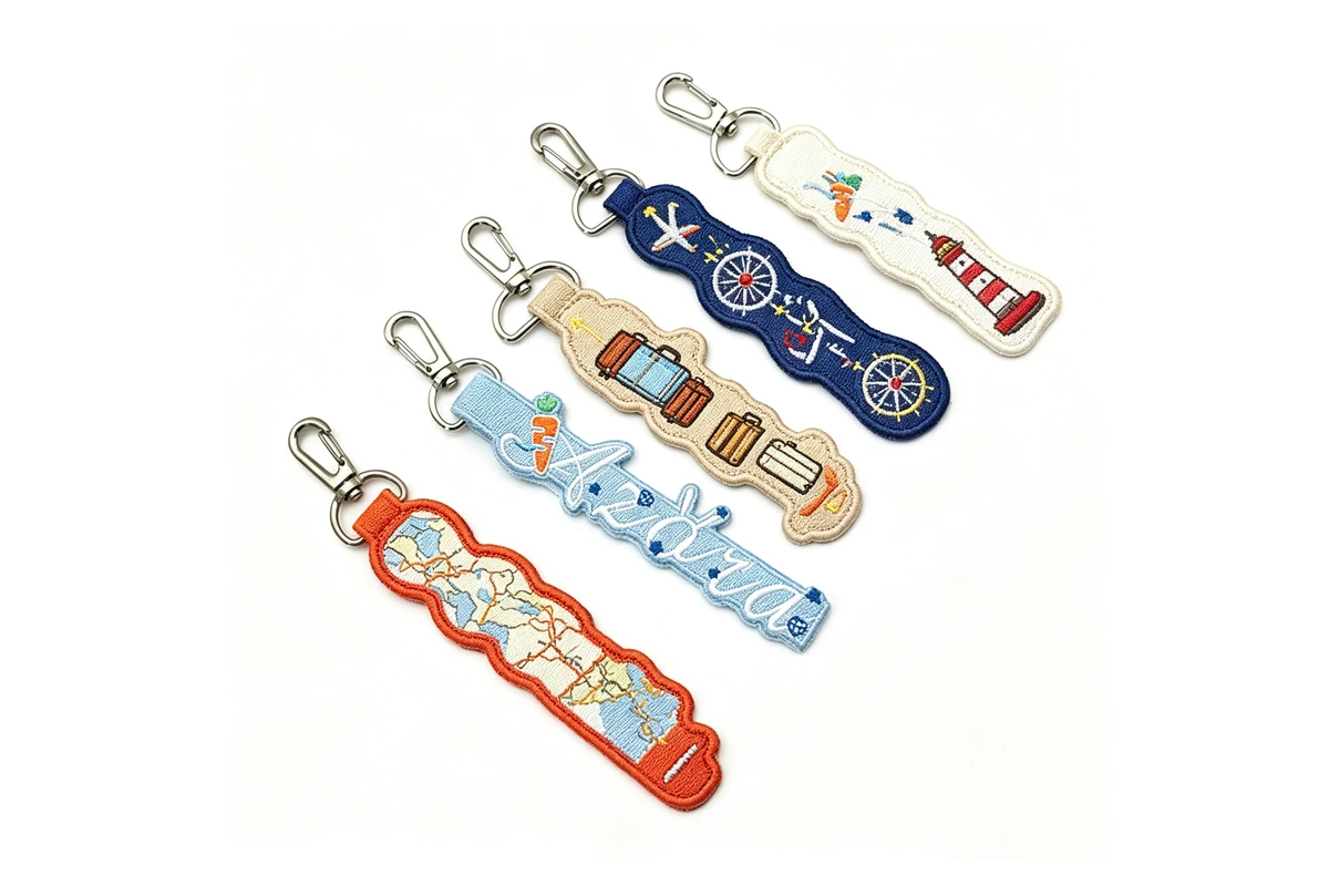 Fabric keychains with curved outlines and embroidered travel motifs