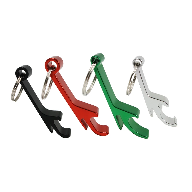 Four colored metal bottle opener keychains with split rings
