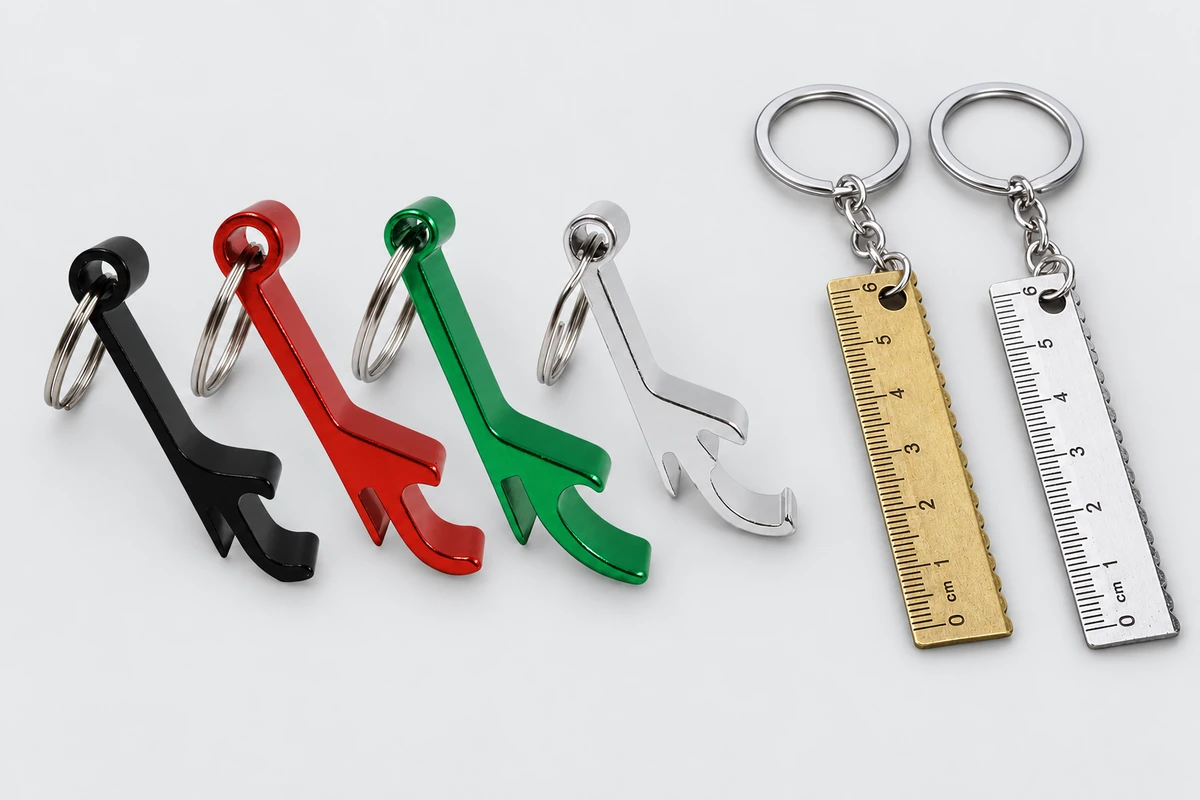 Bottle opener keychains in four colors beside gold- and silver-colored miniature ruler keychains.