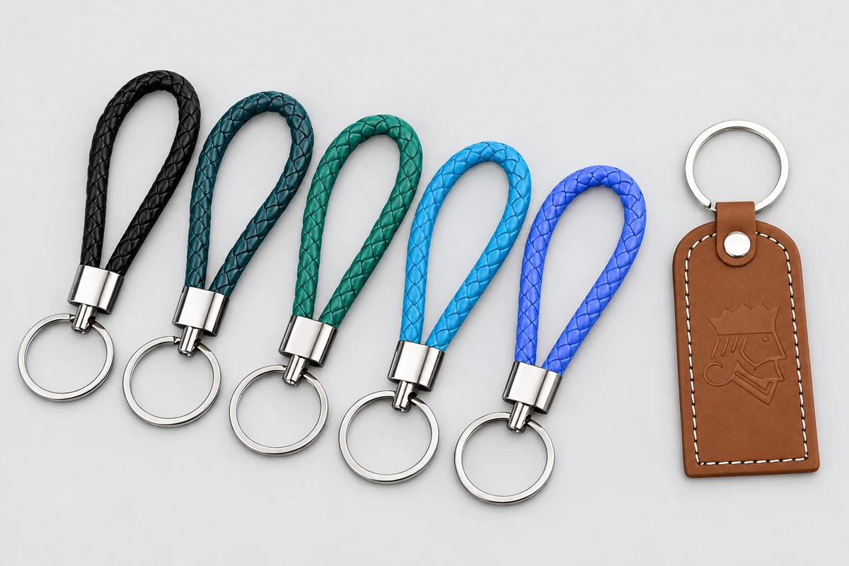 Five braided loop keychains in black, teal, green and blue beside a brown stitched leather tag.