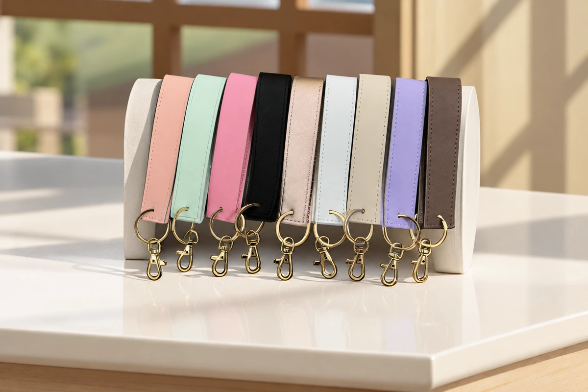 Leather wristlet keychains in a row of pastel and neutral colors.
