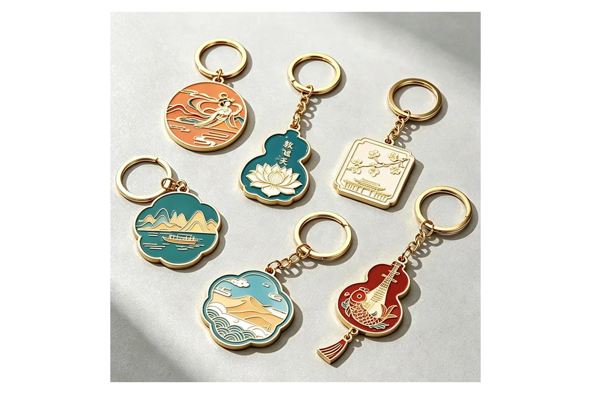 Assorted metal keychains with colored designs and gold-tone rings.