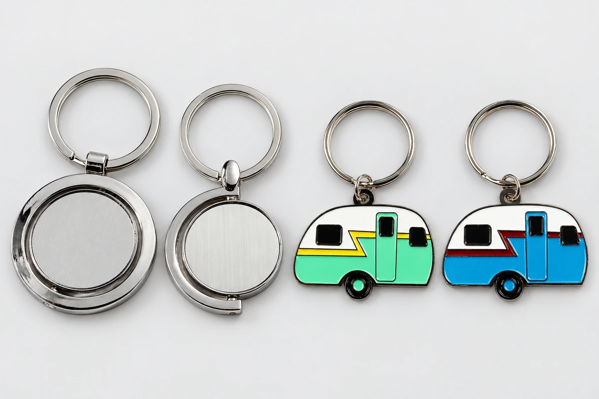 Two round silver spinning-disc keychains beside mint green and blue enamel camper trailer keychains.