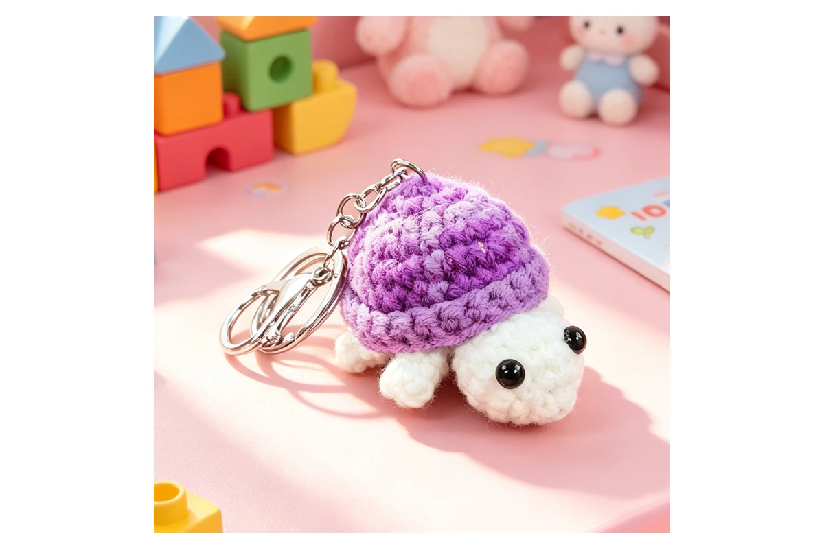 Close view of the yarn texture on a purple-shell crochet turtle keychain