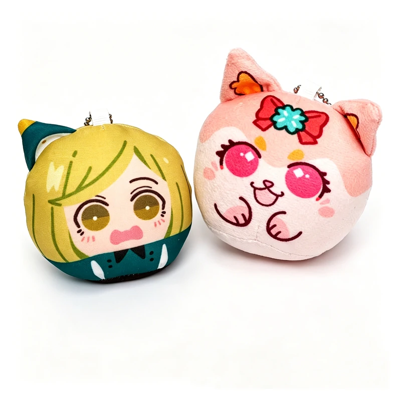 Printed cat and round character plush keychains