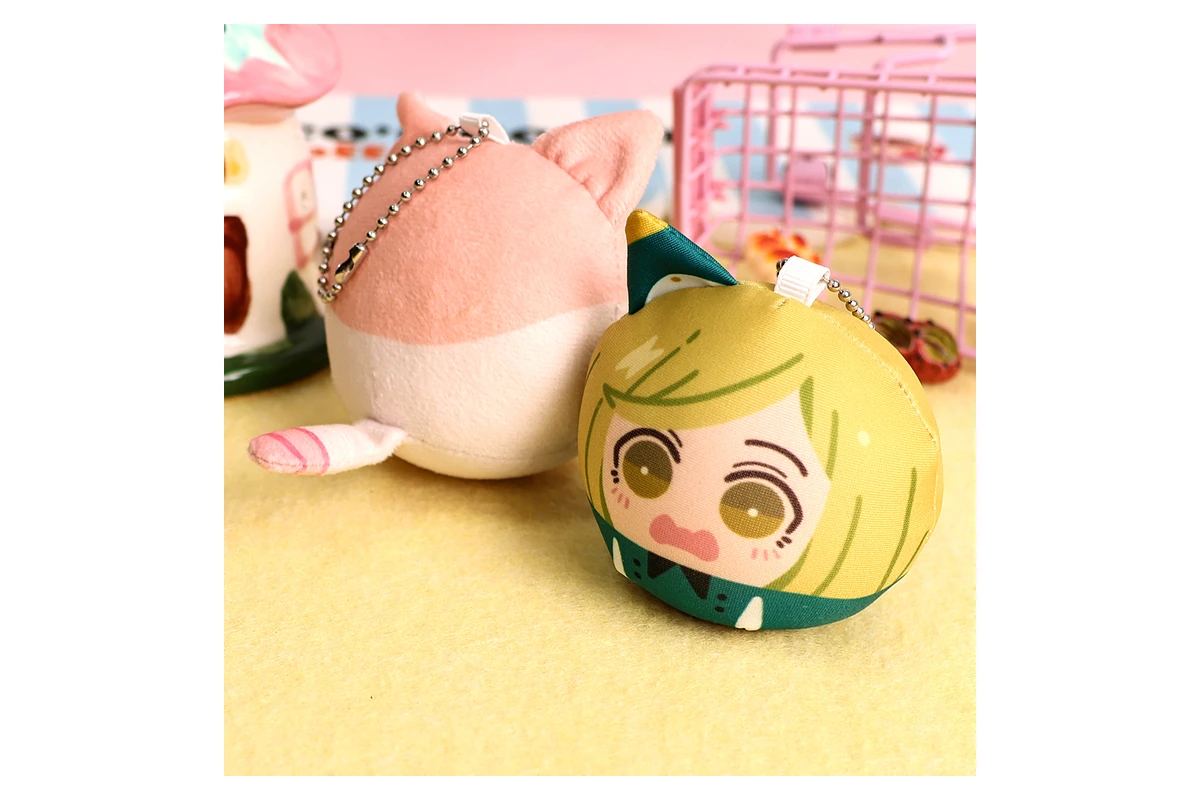 A round printed character keychain beside the pink-and-white reverse of a plush cat keychain.