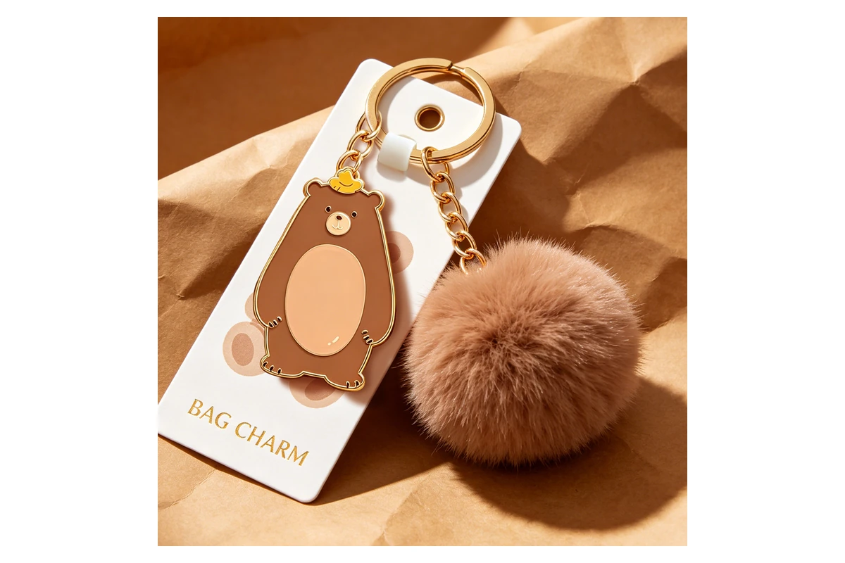A soft brown pom-pom and flat metal bear charm on the same keychain
