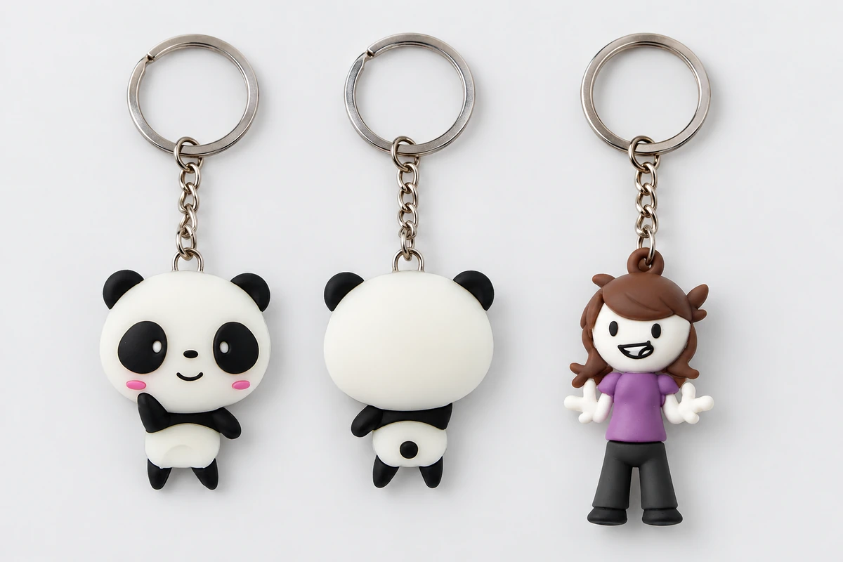 Front and back views of panda keychains beside a brown-haired character keychain in a purple shirt.