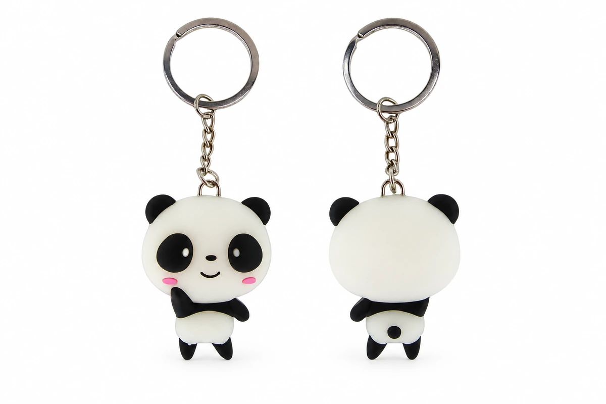 Front and back views of panda-shaped keychains with silver-colored chains and split rings.