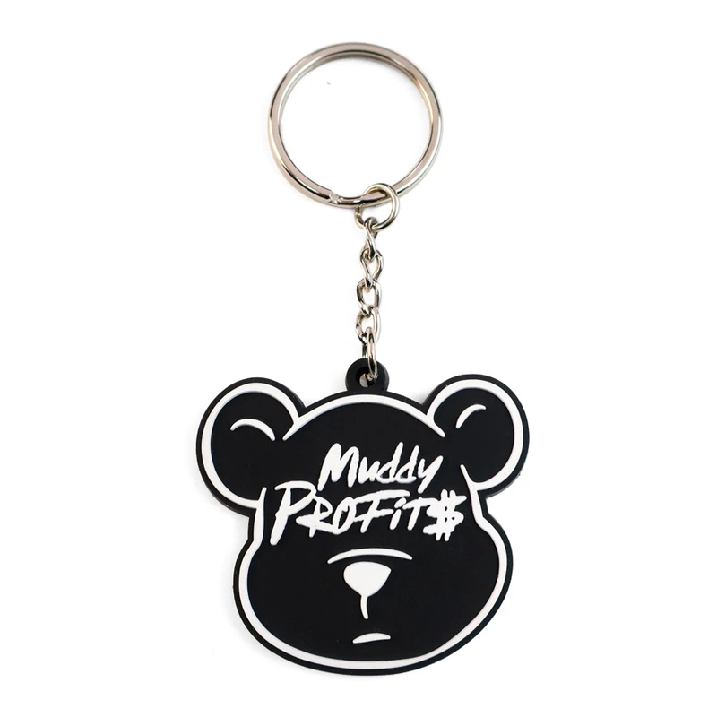 Black bear-shaped PVC keychain with a white logo.
