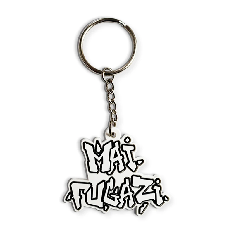 White graffiti-style lettering on a black PVC outline with a metal keyring.