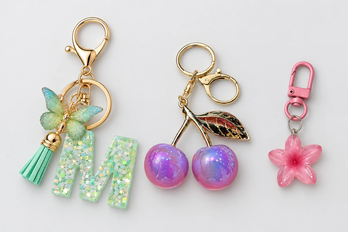 A mint glitter letter M keychain with butterfly and tassel beside lavender cherry and pink flower resin charms.