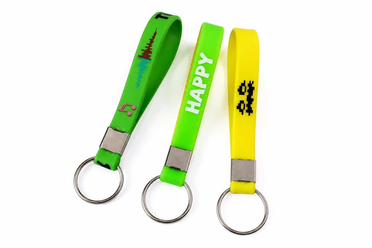 Green and yellow silicone loop keychains with printed graphics and silver-colored rings.