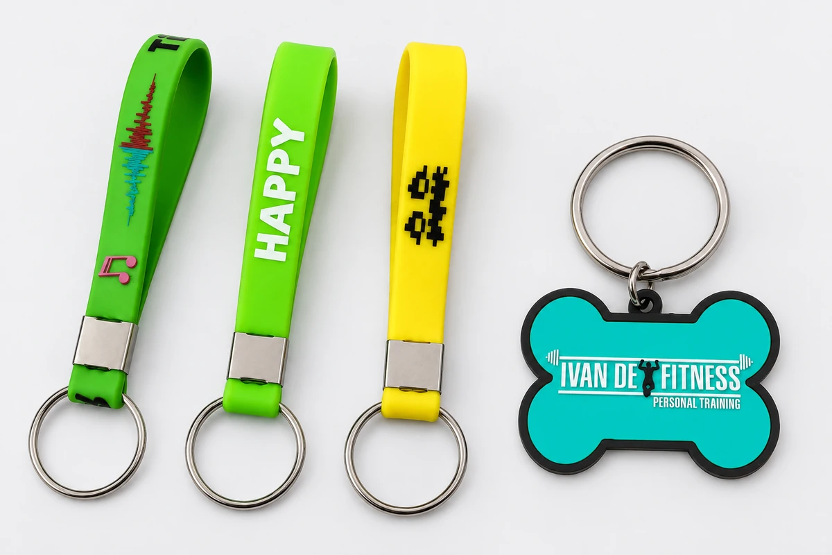Green and yellow silicone wrist-loop keychains beside a turquoise bone-shaped keychain.