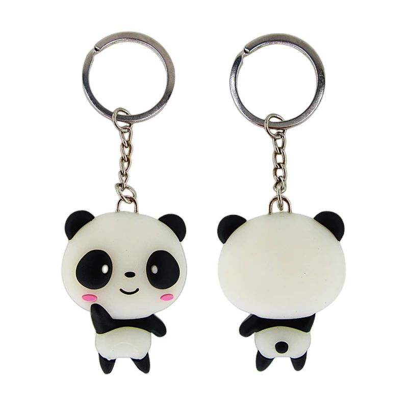 Front and back views of a dimensional panda keychain.