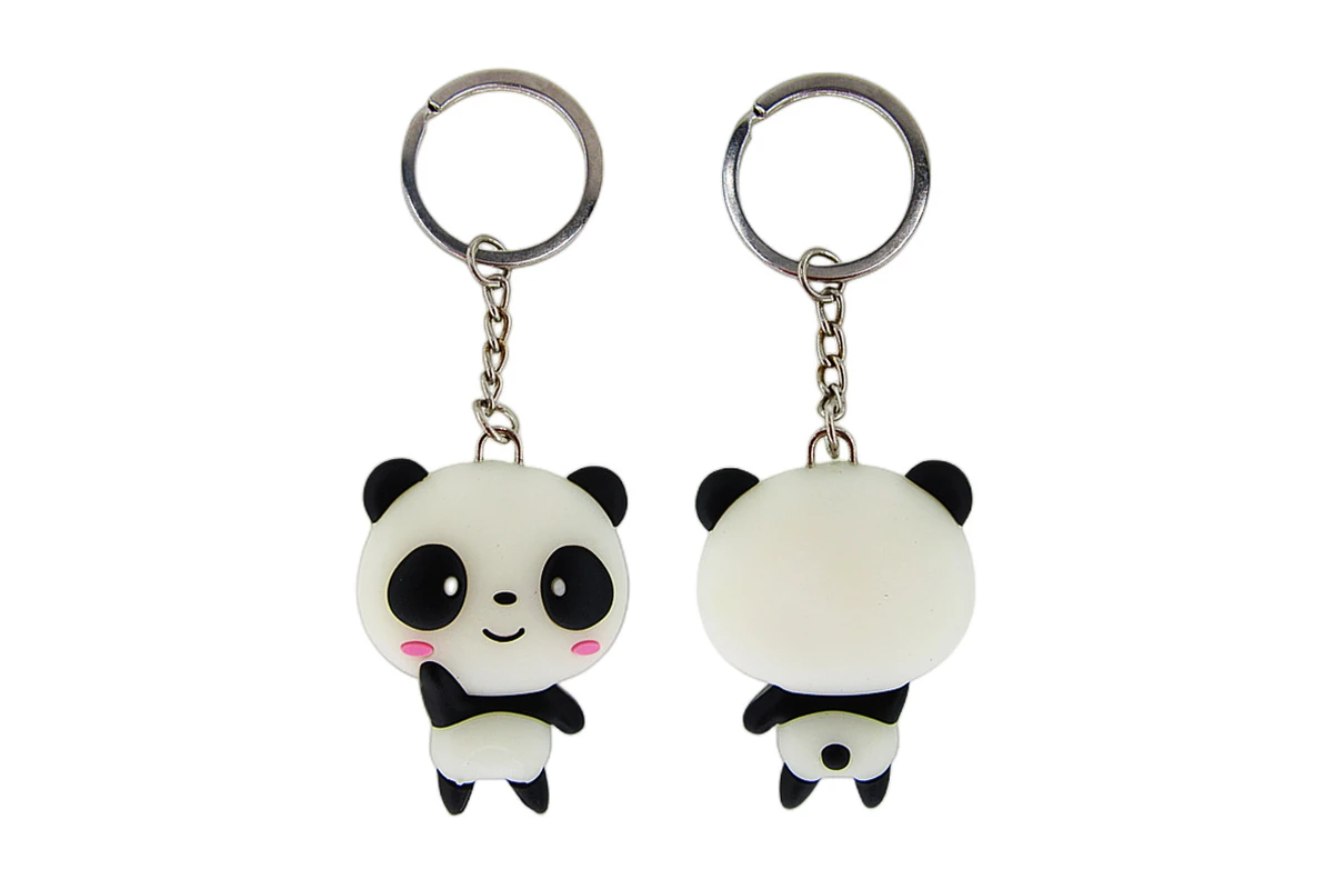 Front and back views of a dimensional panda keychain.