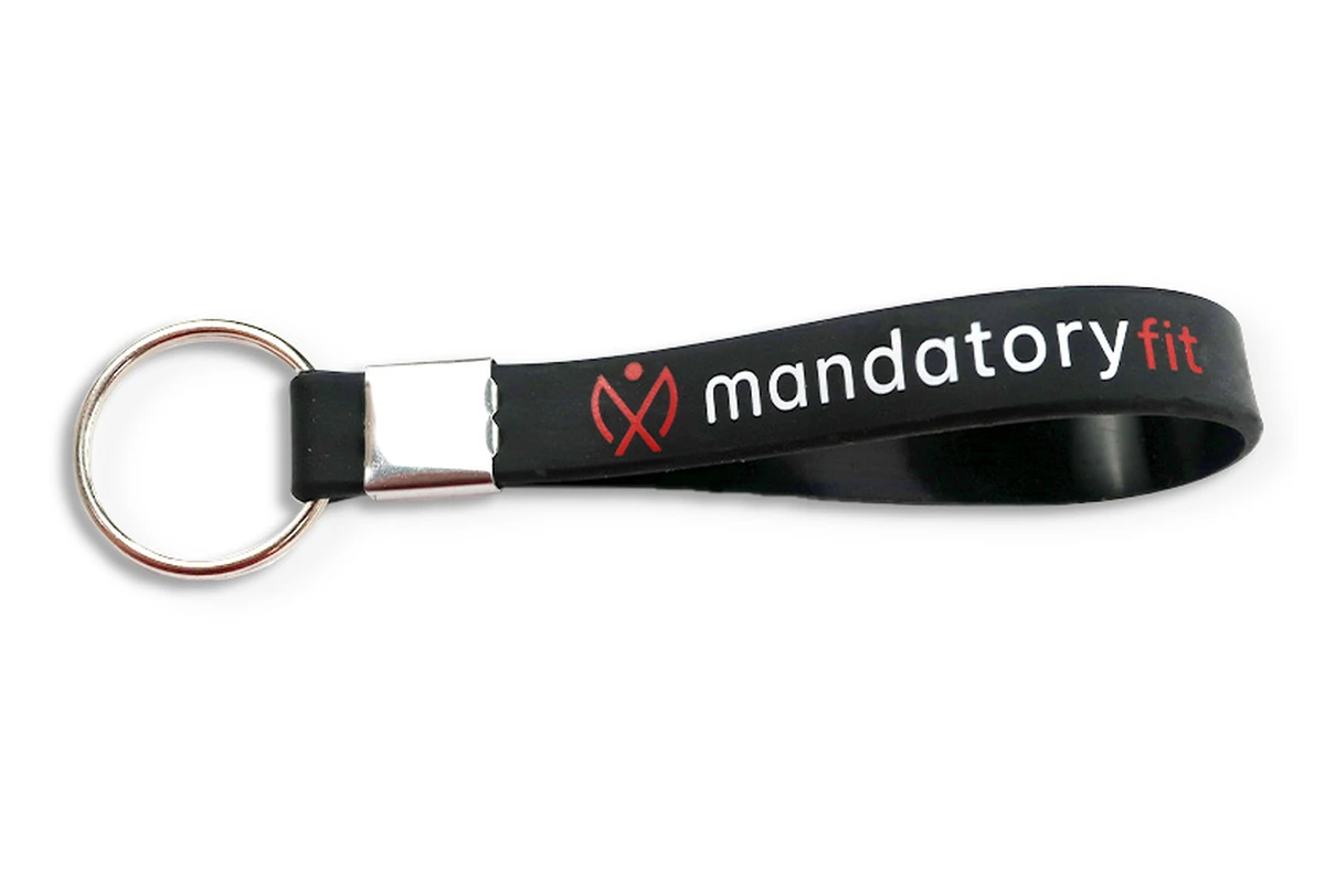 Black silicone wristlet with a metal connector and split ring.