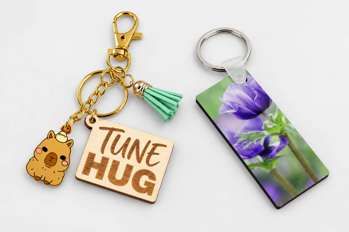 An engraved wood keychain with a mint tassel and small animal charm beside a rectangular purple-flower printed keychain.