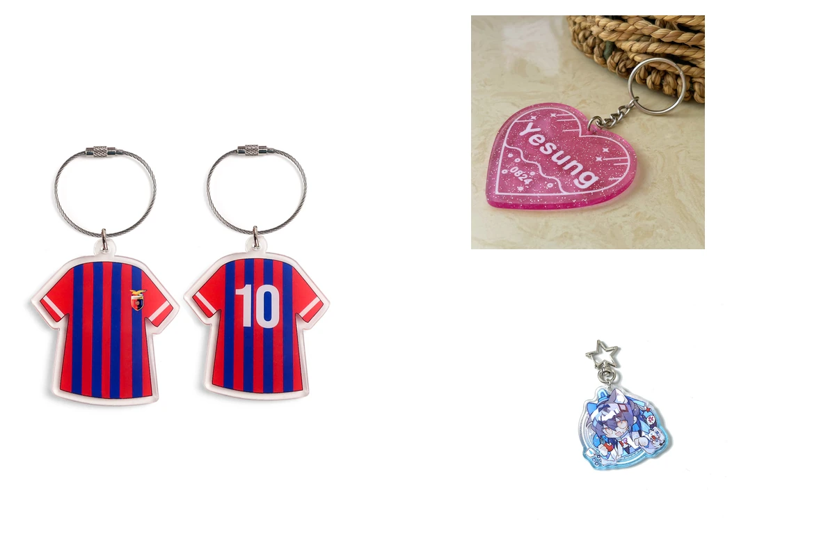 Striped jersey, pink heart, and character keychains with metal fittings.