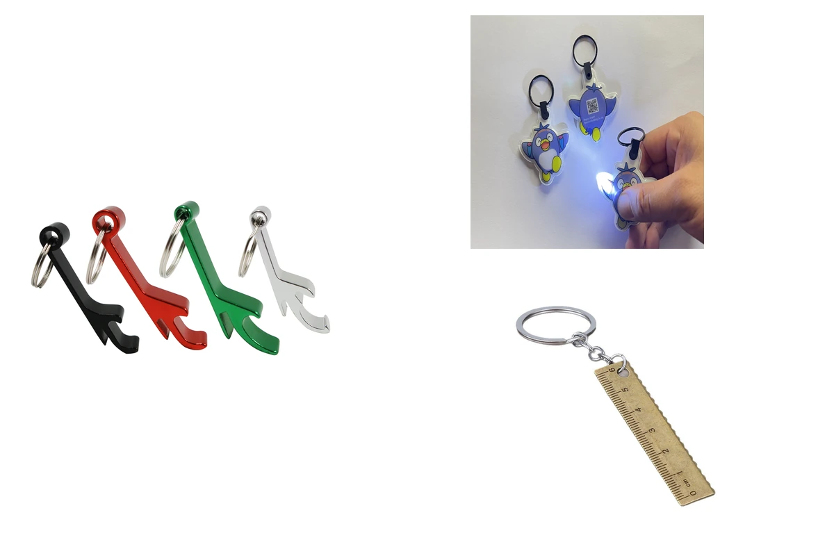 Carabiner bottle openers, light-up character keychains, and a brass-colored ruler keychain.