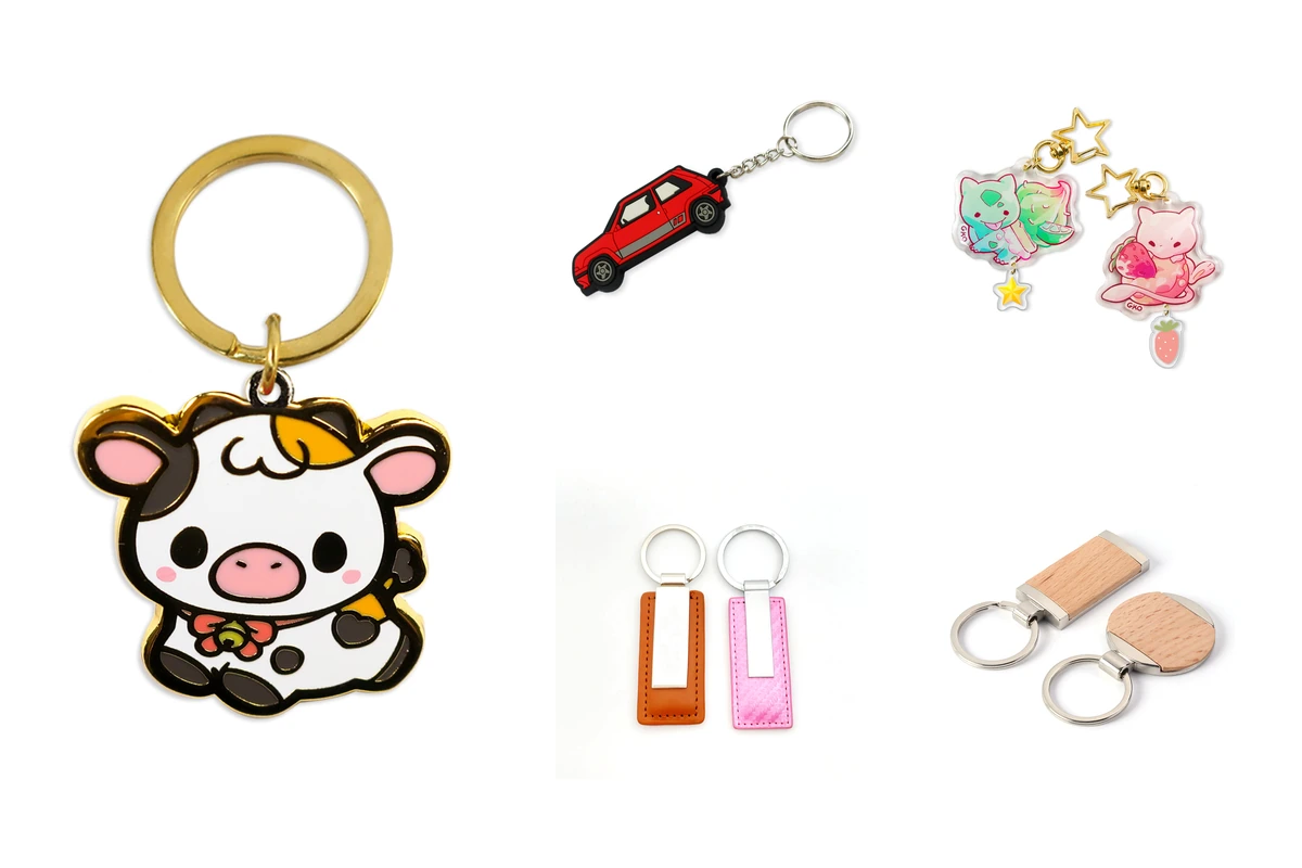 Cow and car keychains, printed character charms, stitched key fobs, and wooden tags.