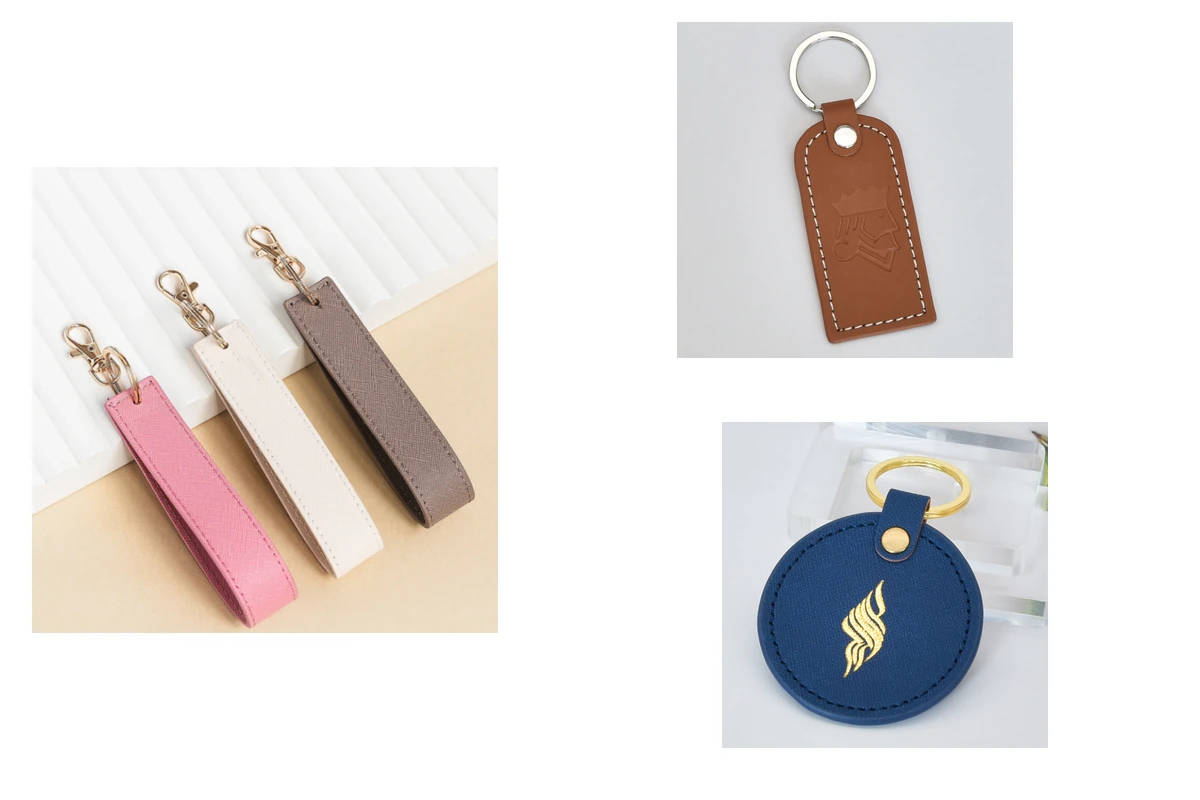 Pink, cream, and taupe wristlets beside a brown stitched tag and a round navy key fob.