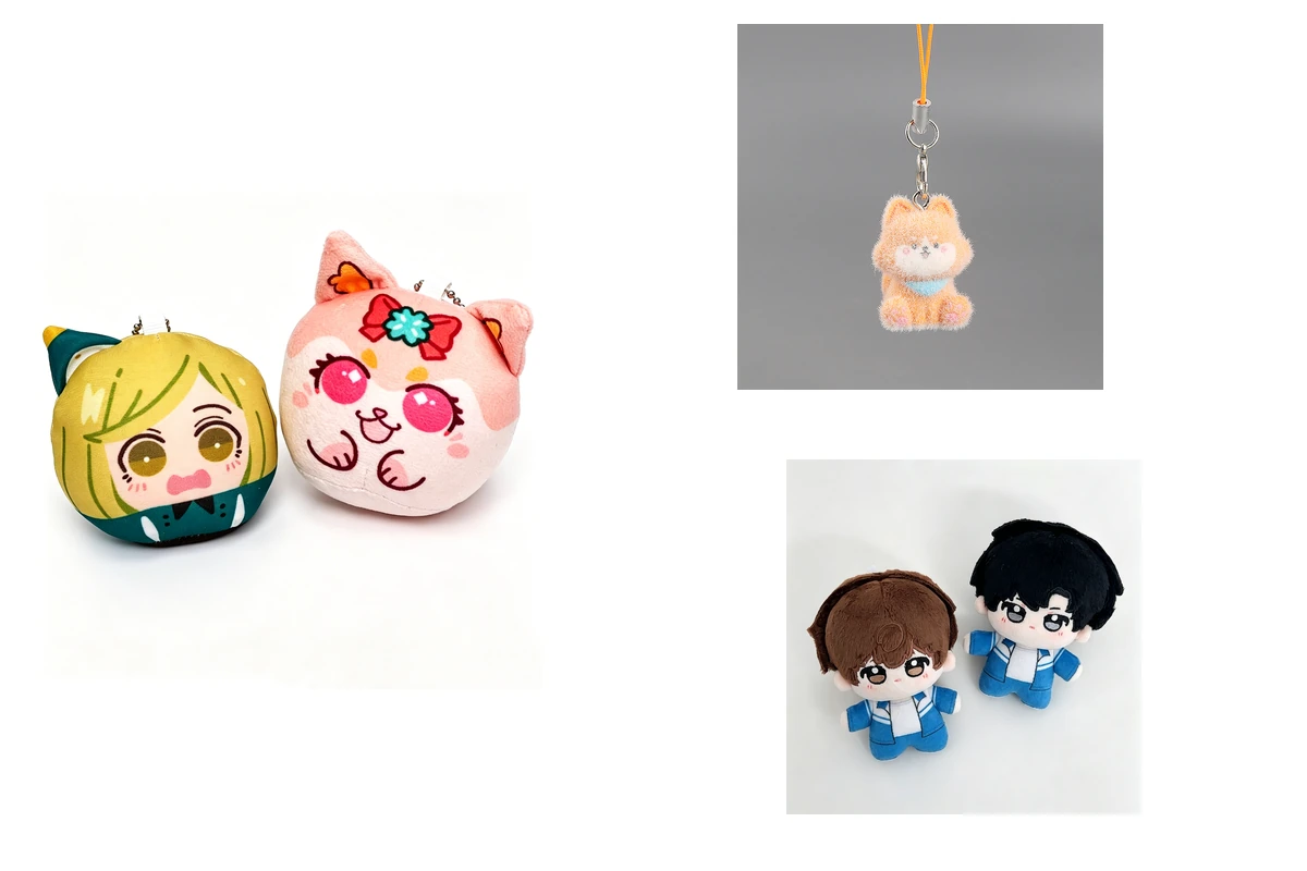 Round character faces, a hanging cat, and small plush dolls.