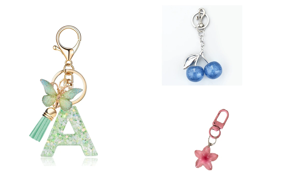 Resin keychains with letter, fruit, and flower shapes.