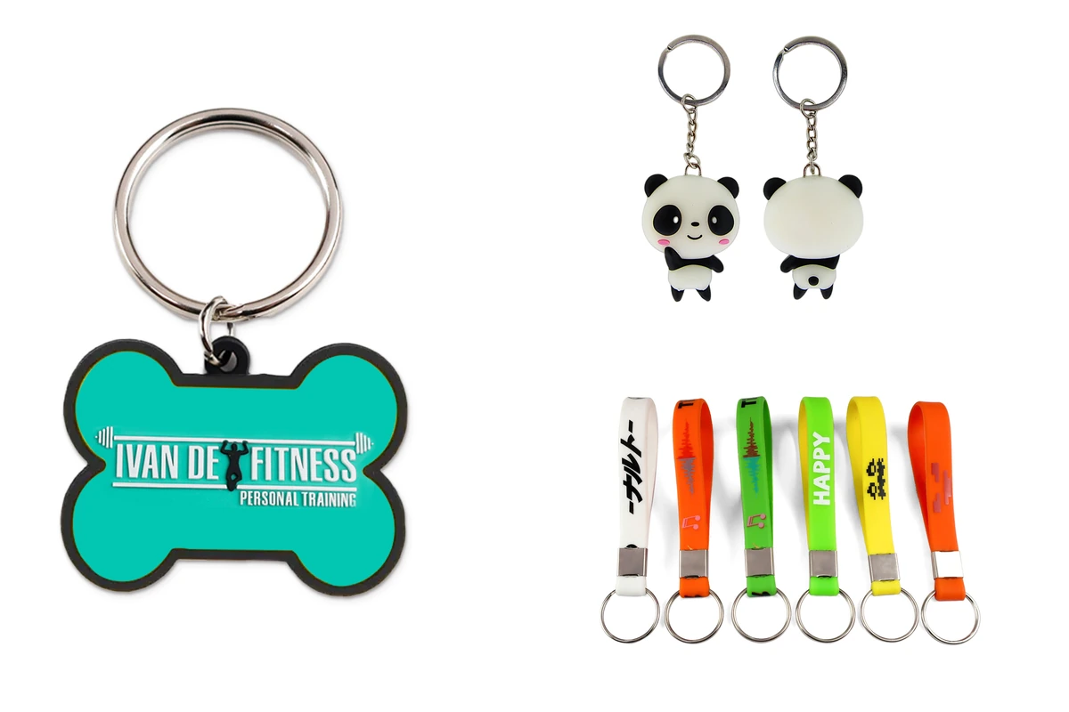 Bone-shaped logo tag, panda charm, and colorful wristlet keychains.