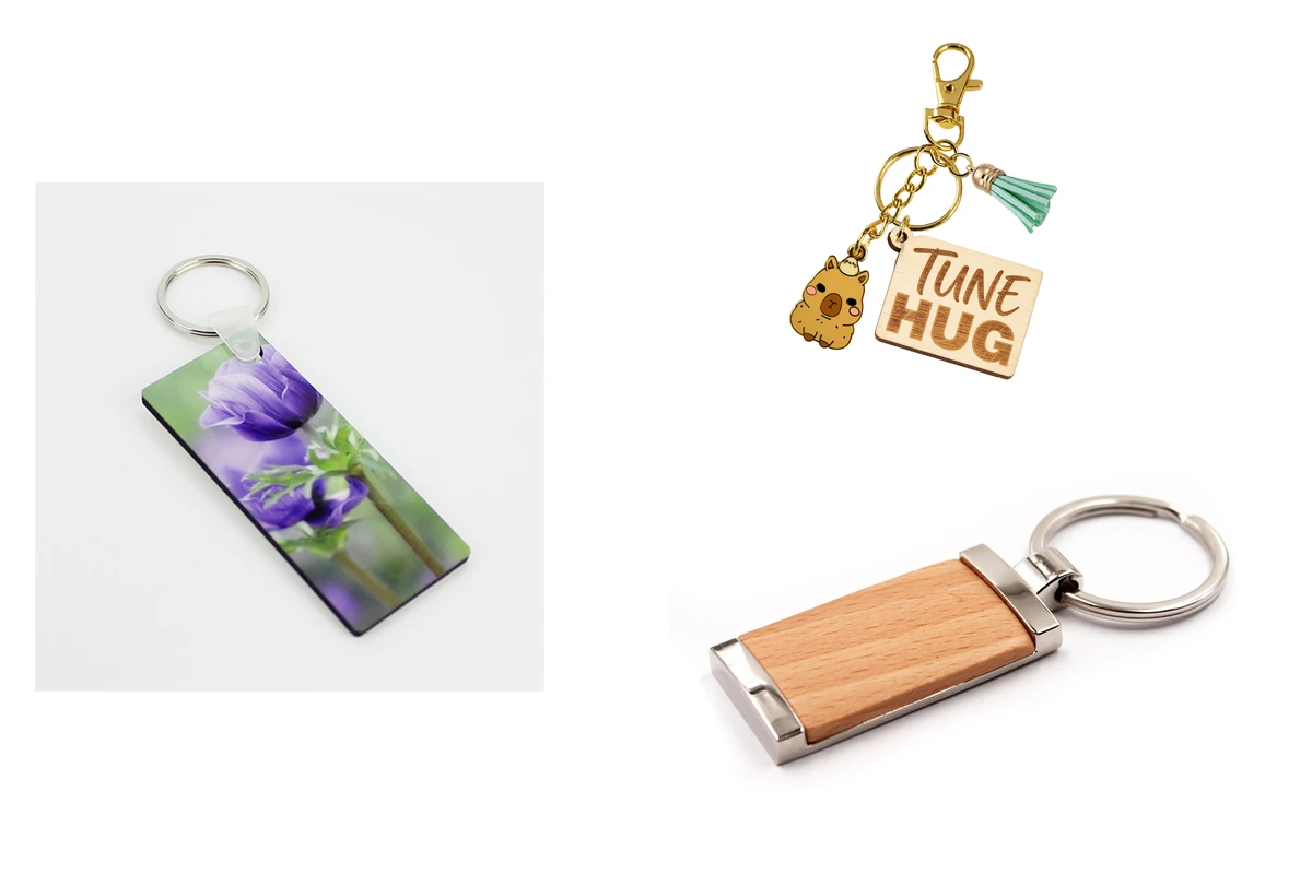 Floral rectangular tag, TUNE HUG charm set, and wood-and-metal key fob.
