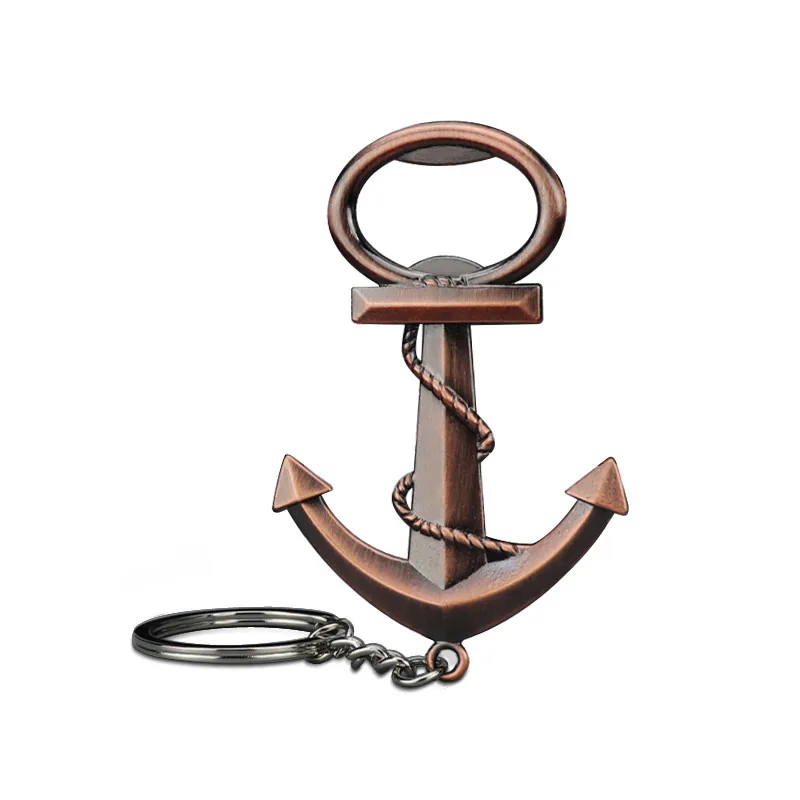 Copper-tone anchor bottle opener keychain with rope detailing and a black split ring.