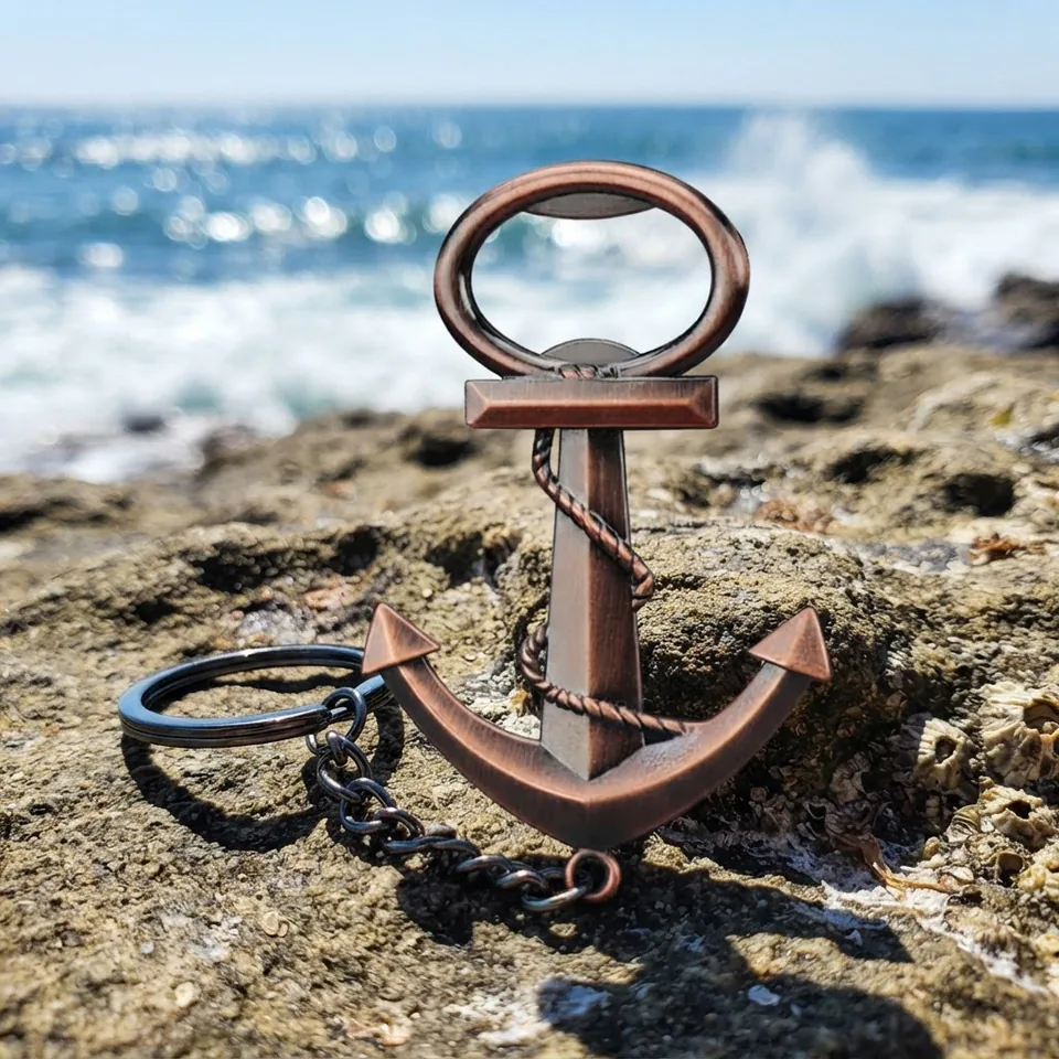 Close view of a copper-tone anchor bottle opener with rope detailing and a black key ring.