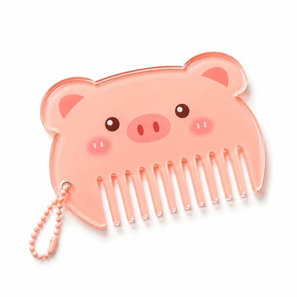 Translucent pink pig comb keychain with a matching pink bead chain.